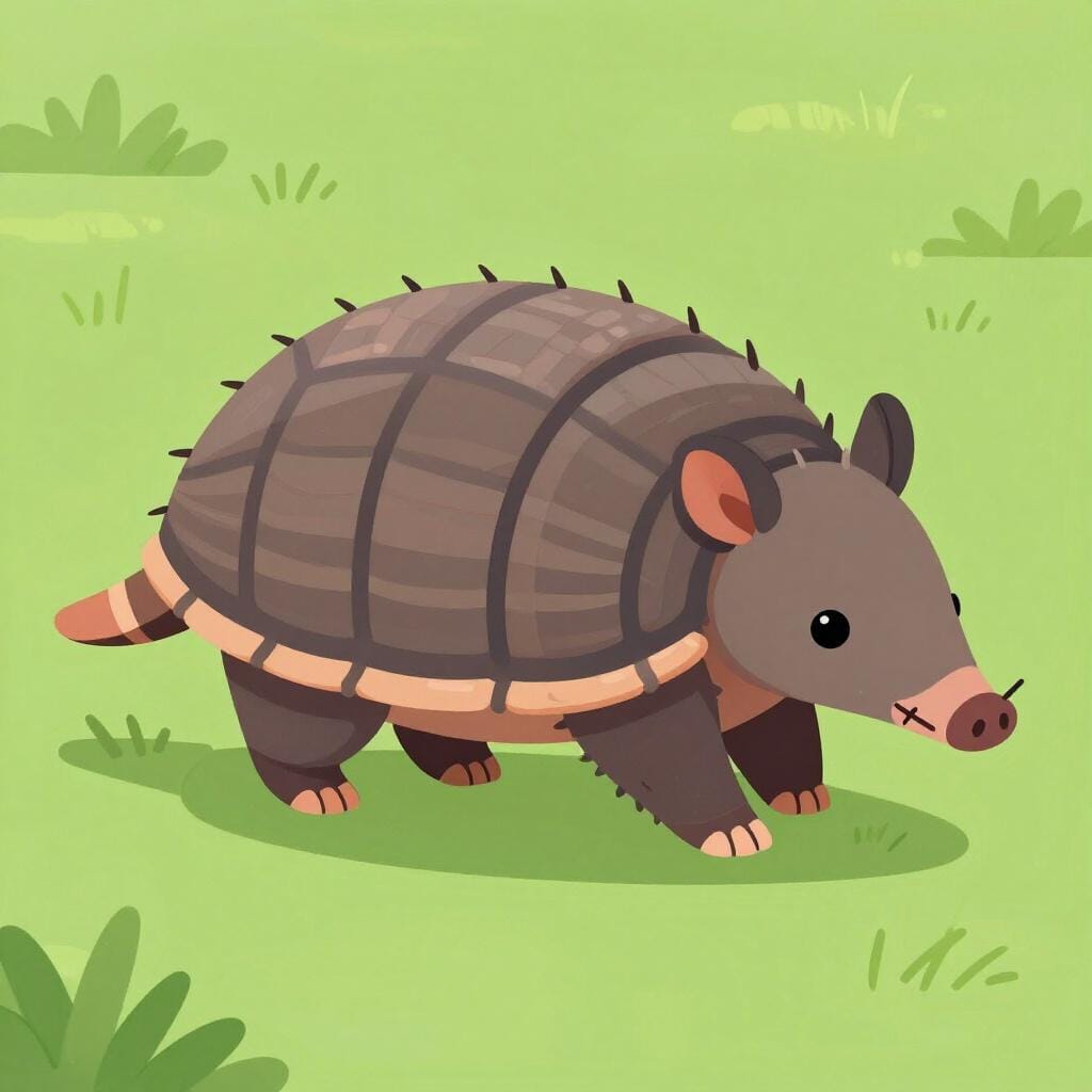 A small armadillo with visible patches of hair on its shell walking through the grass.