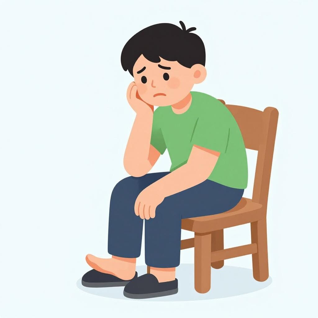 초조해하며 주먹을 쥔 채 걱정스러운 표정으로 의자에 앉아 있는 사람.