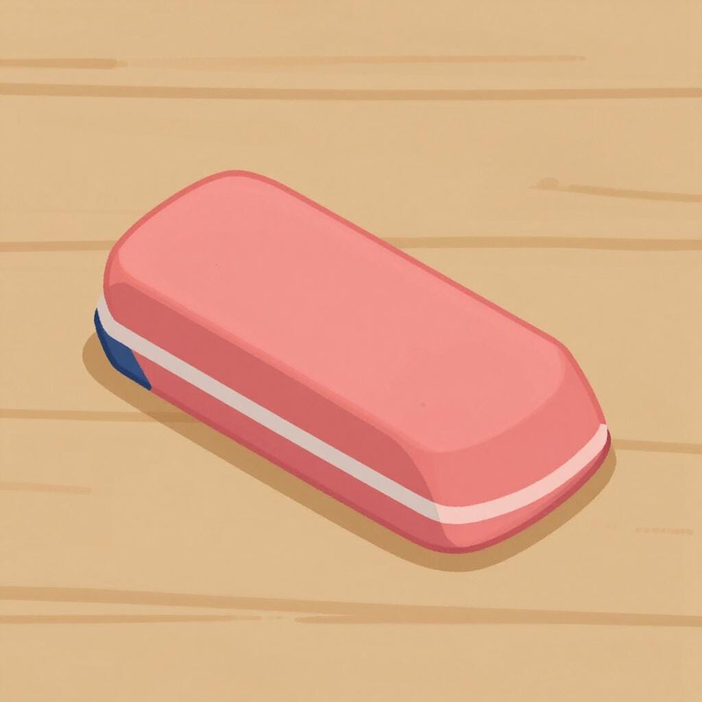 A pink rectangular eraser sitting on a wooden desk next to some pencil shavings.