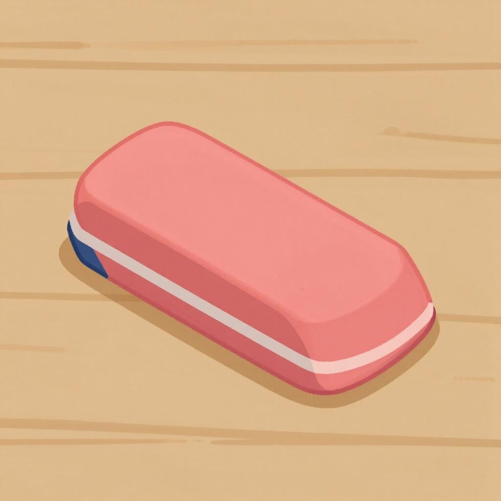 A pink rectangular eraser sitting on a wooden desk next to some pencil shavings.