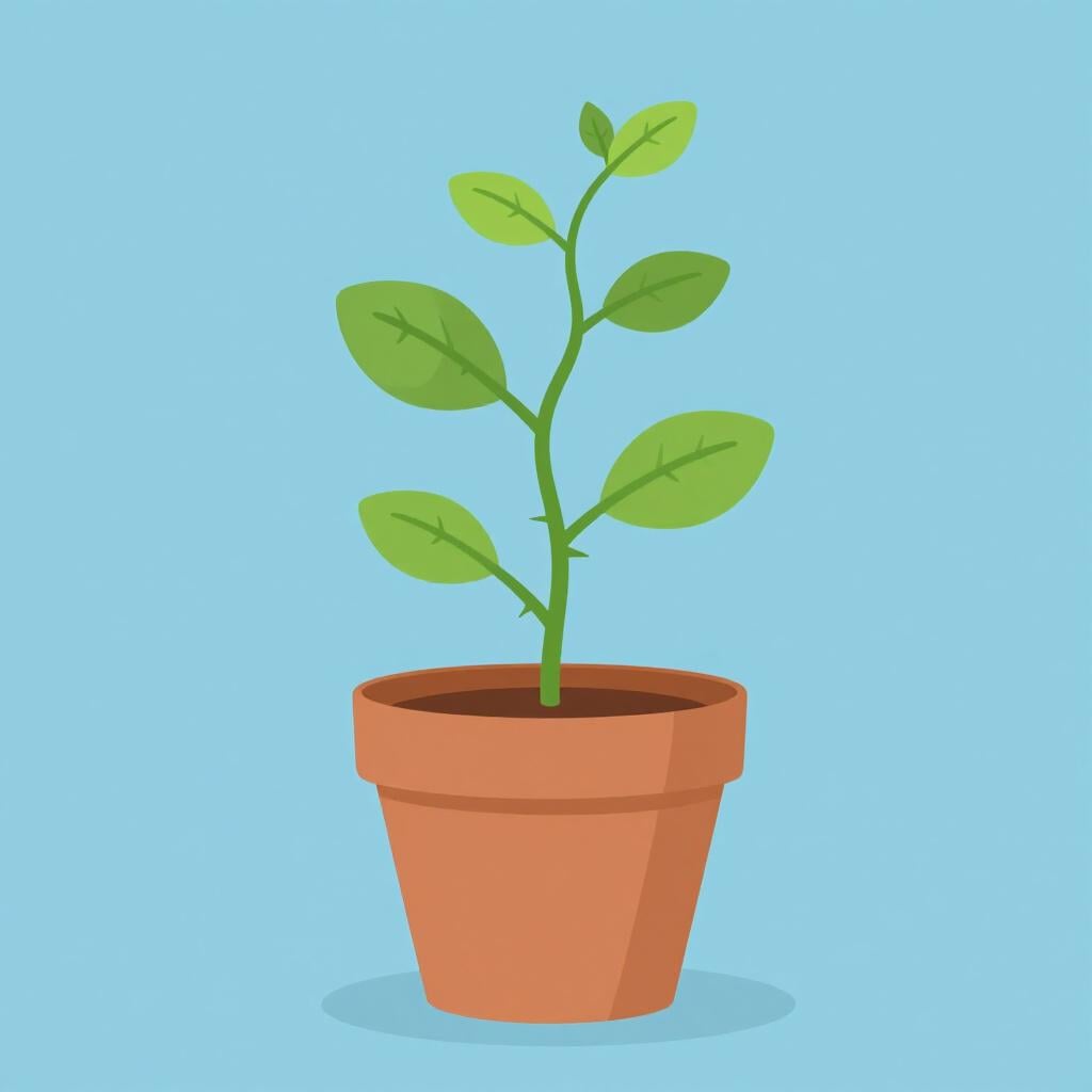 A small plant in a pot with a second, thorny weed growing around its stem.