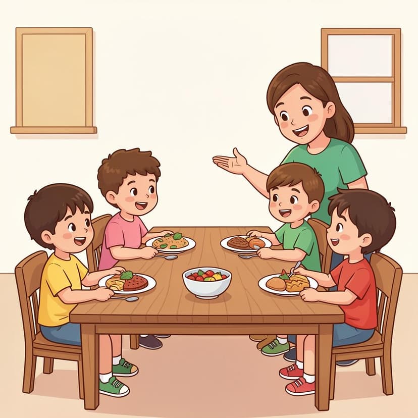 Ein freundlicher Lehrer zeigt auf einen langen Tisch, an dem eine Gruppe fröhlicher Kinder beginnt, ihr Mittagessen einzunehmen.