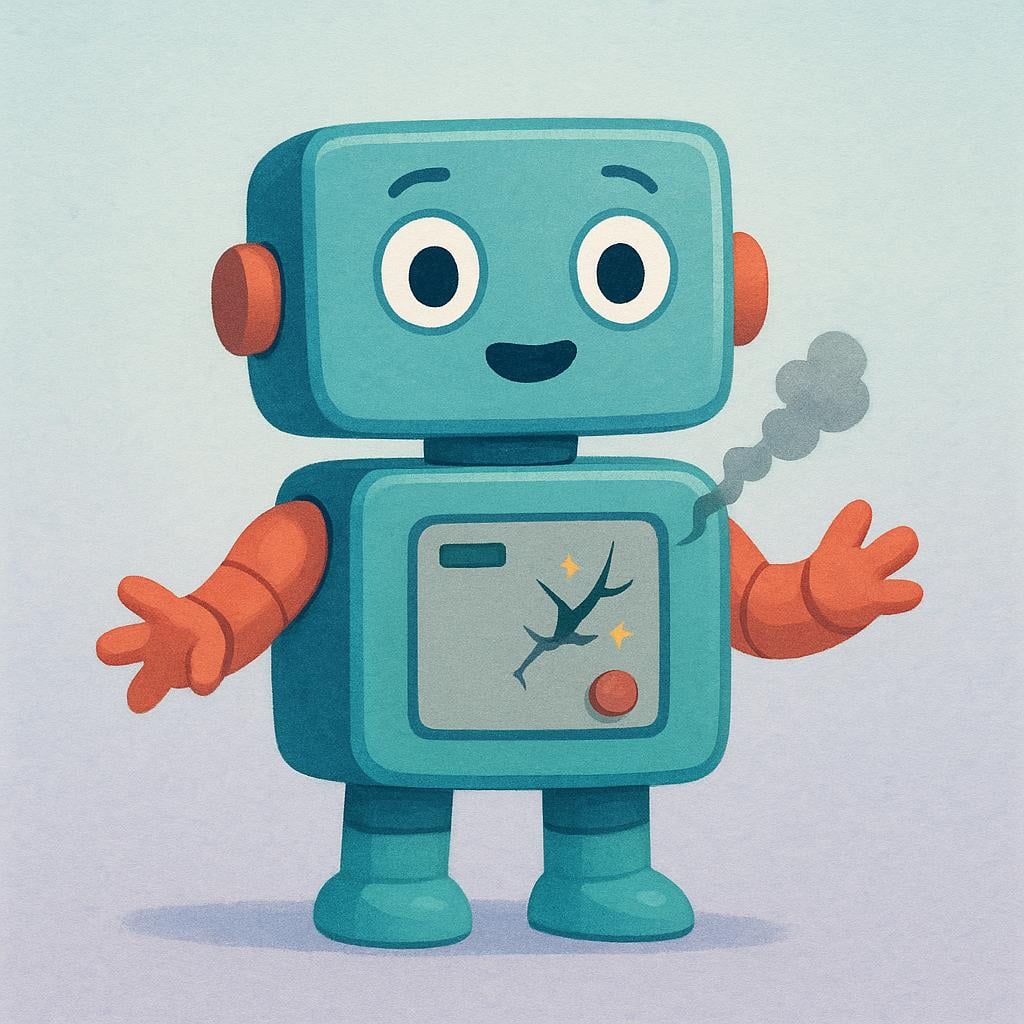 A friendly, boxy robot standing frozen with a small cloud of smoke rising from its head, indicating a malfunction.