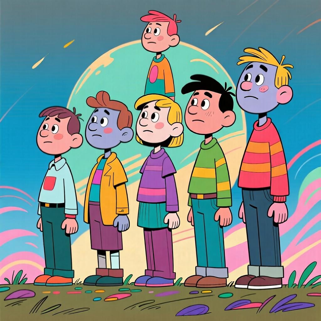 A group of stylized figures standing perfectly aligned in a single file queue.