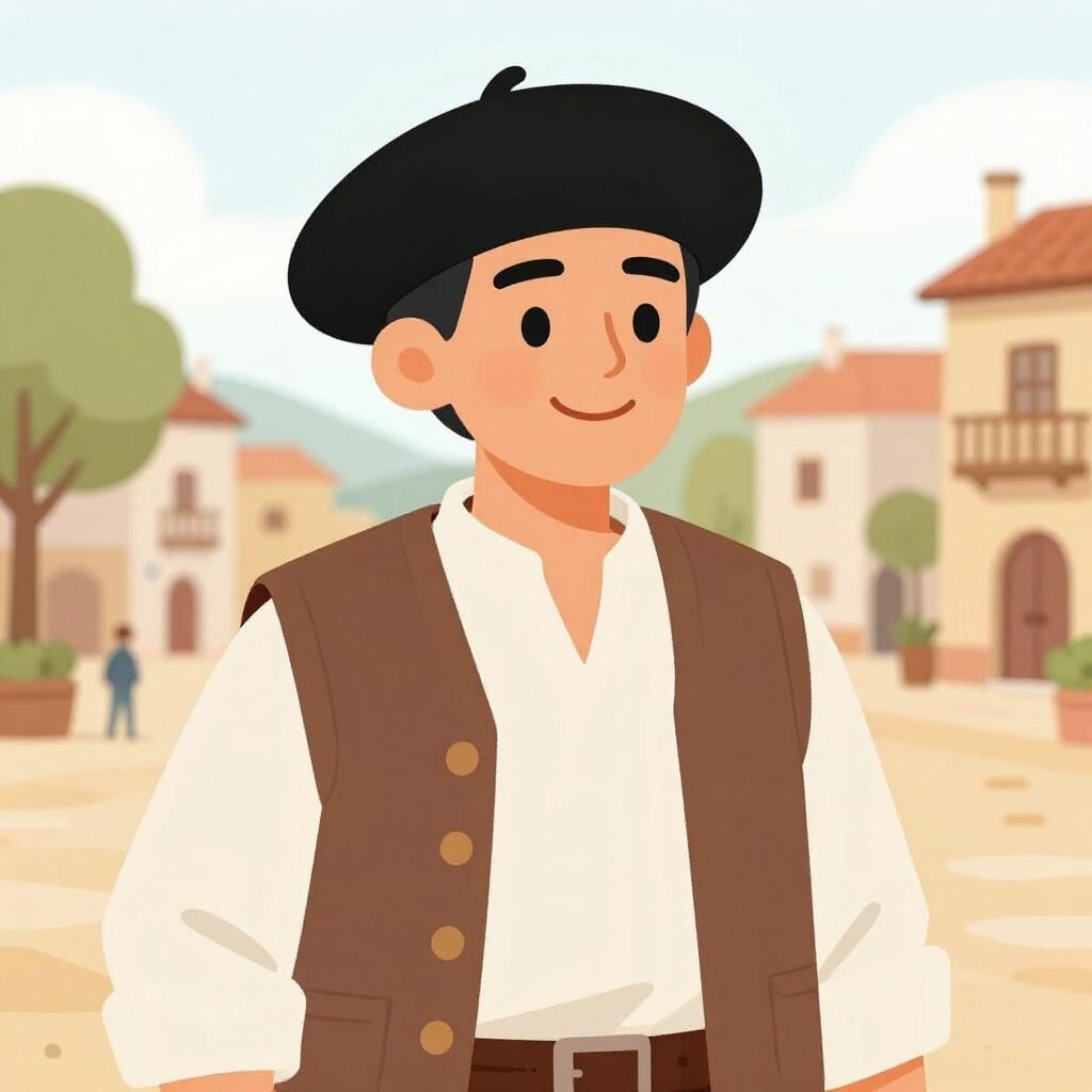 Une illustration de livre d'histoires de haute qualité d'une personne portant un béret basque noir traditionnel et un simple gilet.