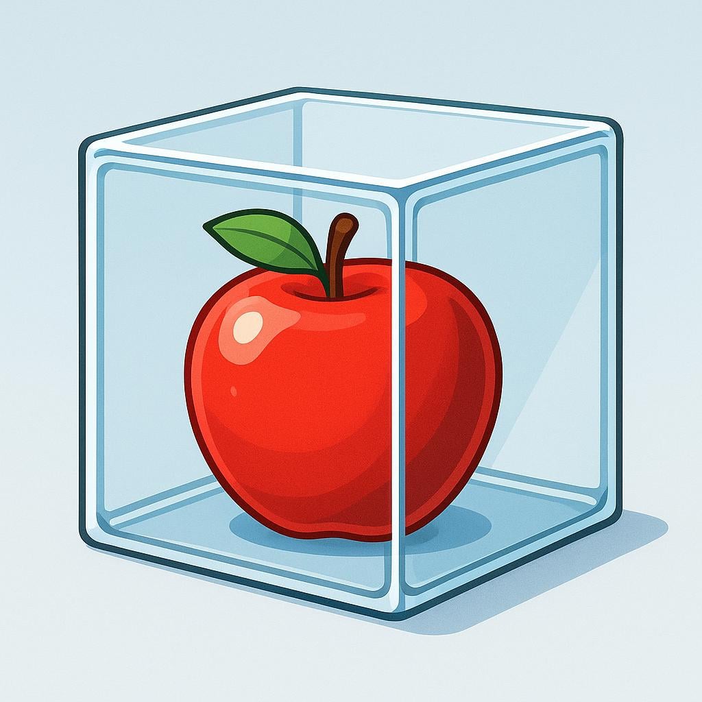 A single red apple placed entirely inside a simple, clear glass box, illustrating the concept of being internal.