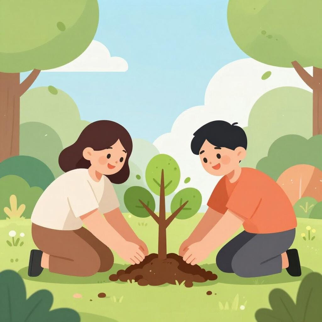 Duas pessoas sorrindo e trabalhando juntas para plantar uma pequena muda verde em um jardim.