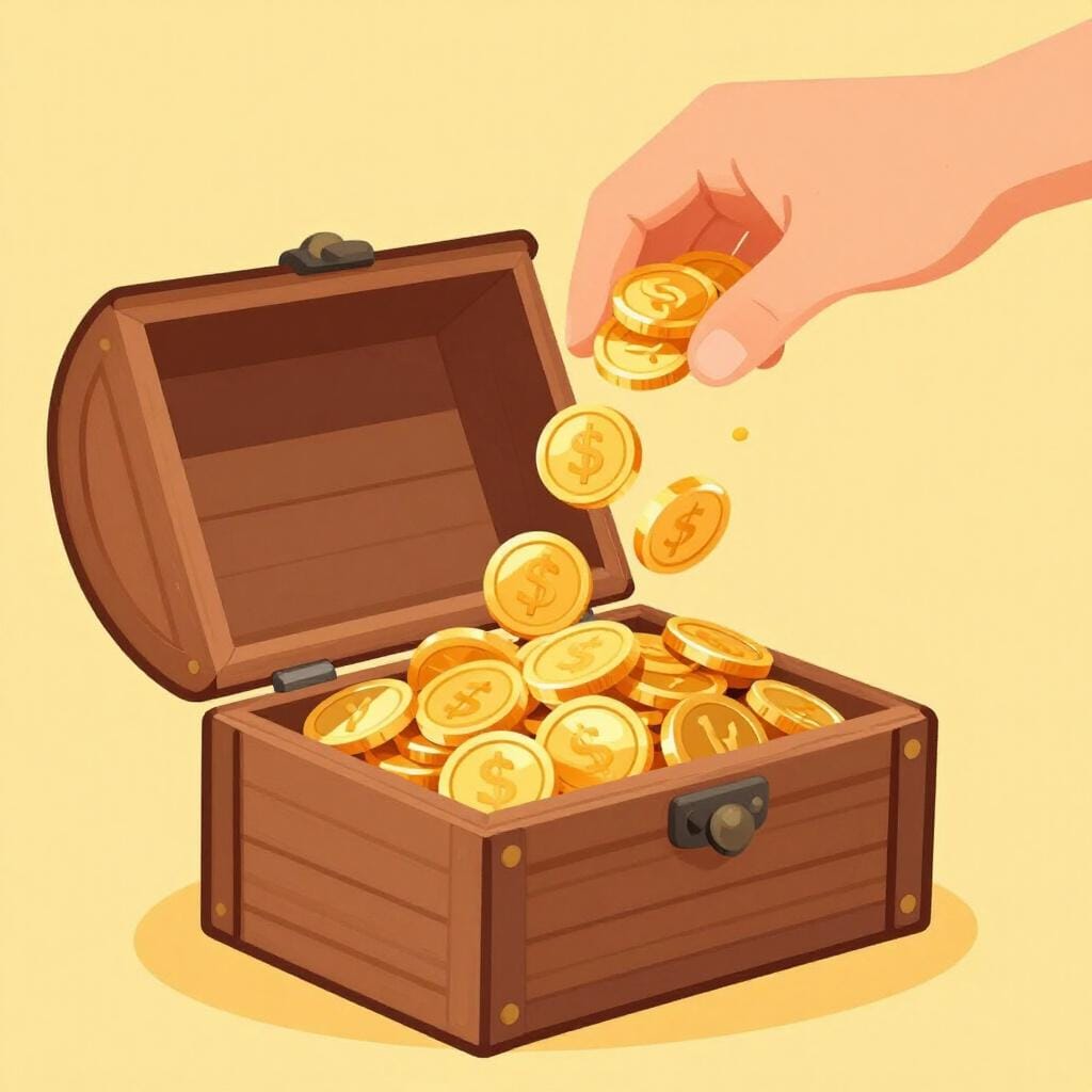 Eine Hand, die glänzende Goldmünzen aus einem kleinen Beutel in eine große Holztruhe schüttet, um sie zu füllen.