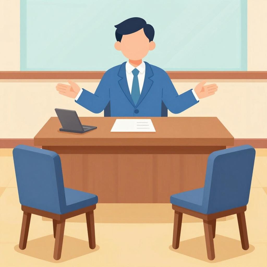 A person in a professional suit sitting at a wooden table, listening to two people talk.