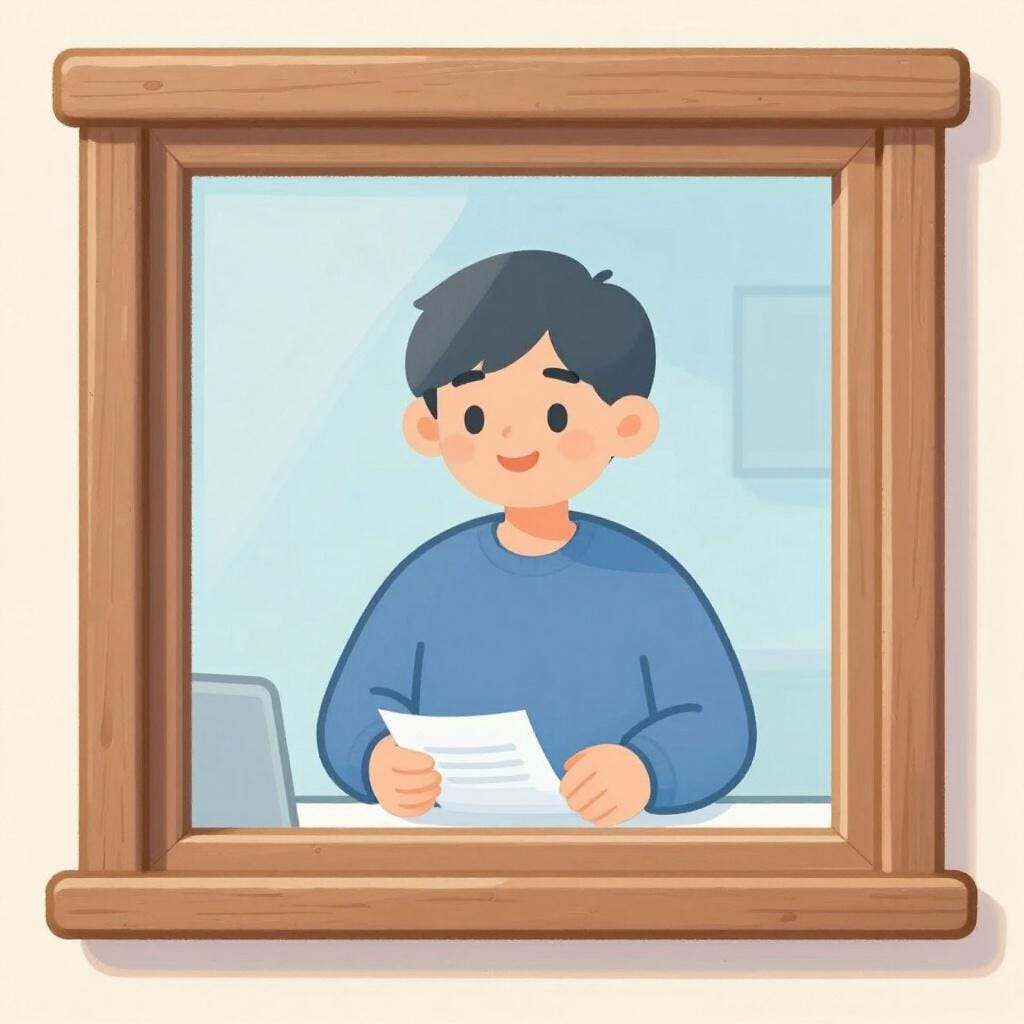 Una persona amichevole dietro uno sportello di vetro in un ufficio postale.