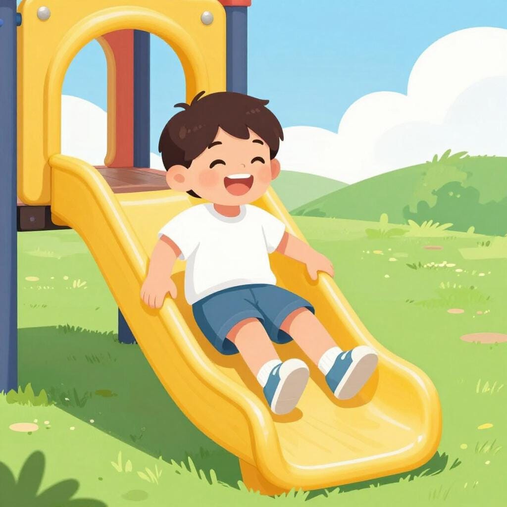 A happy child with a big smile sliding down a bright yellow playground slide.