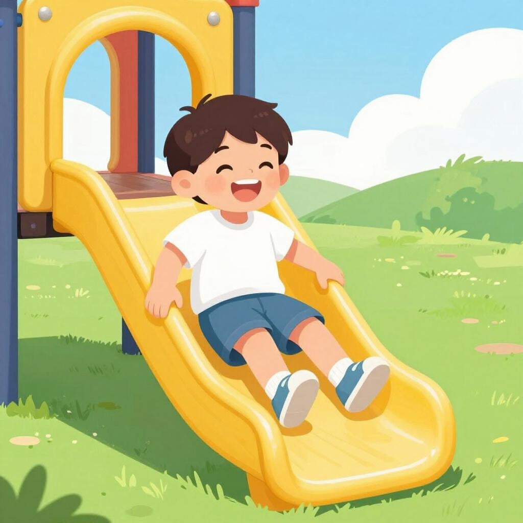 A happy child with a big smile sliding down a bright yellow playground slide.
