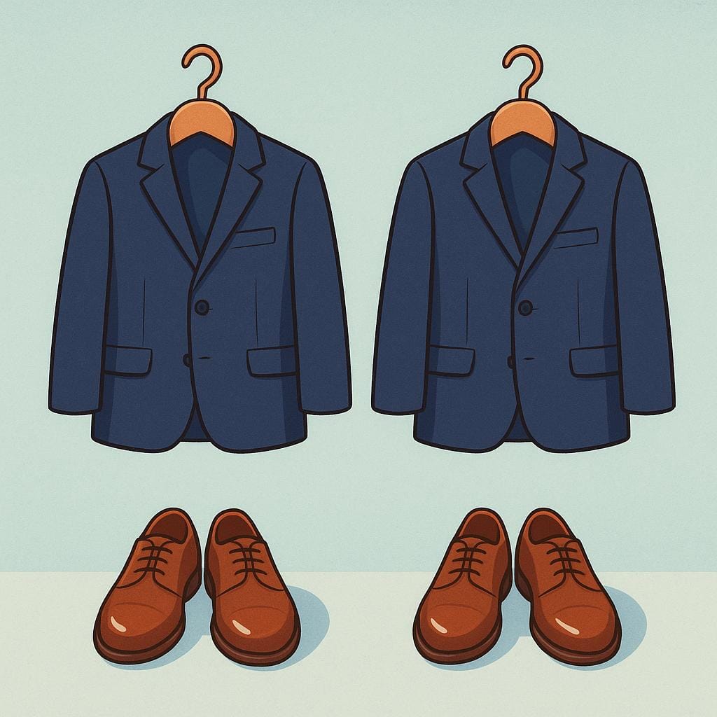 A storybook illustration showing two identical, dark, neatly tailored business suits hanging on separate hangers, with a pair of polished shoes underneath each one, symbolizing professional attire.