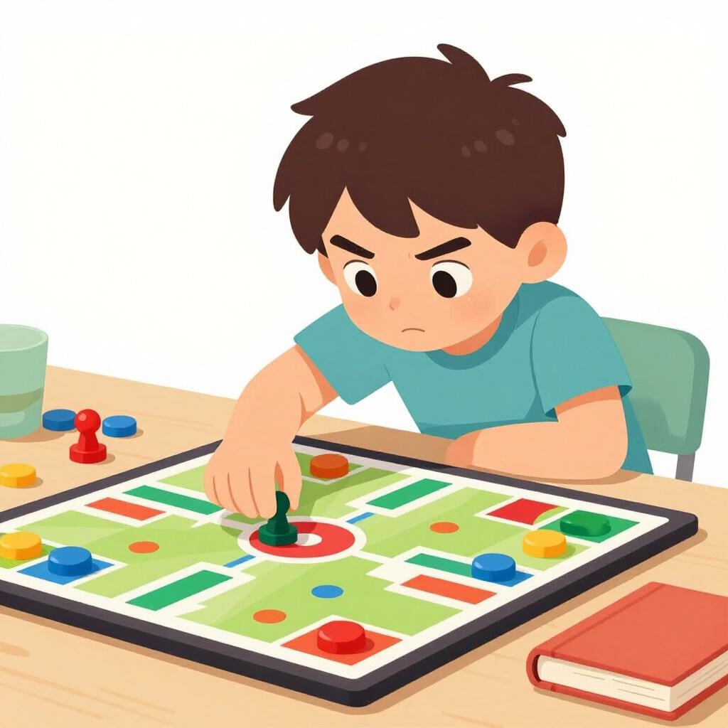 Un enfant concentré sur un jeu de société, penché en avant avec une expression déterminée.
