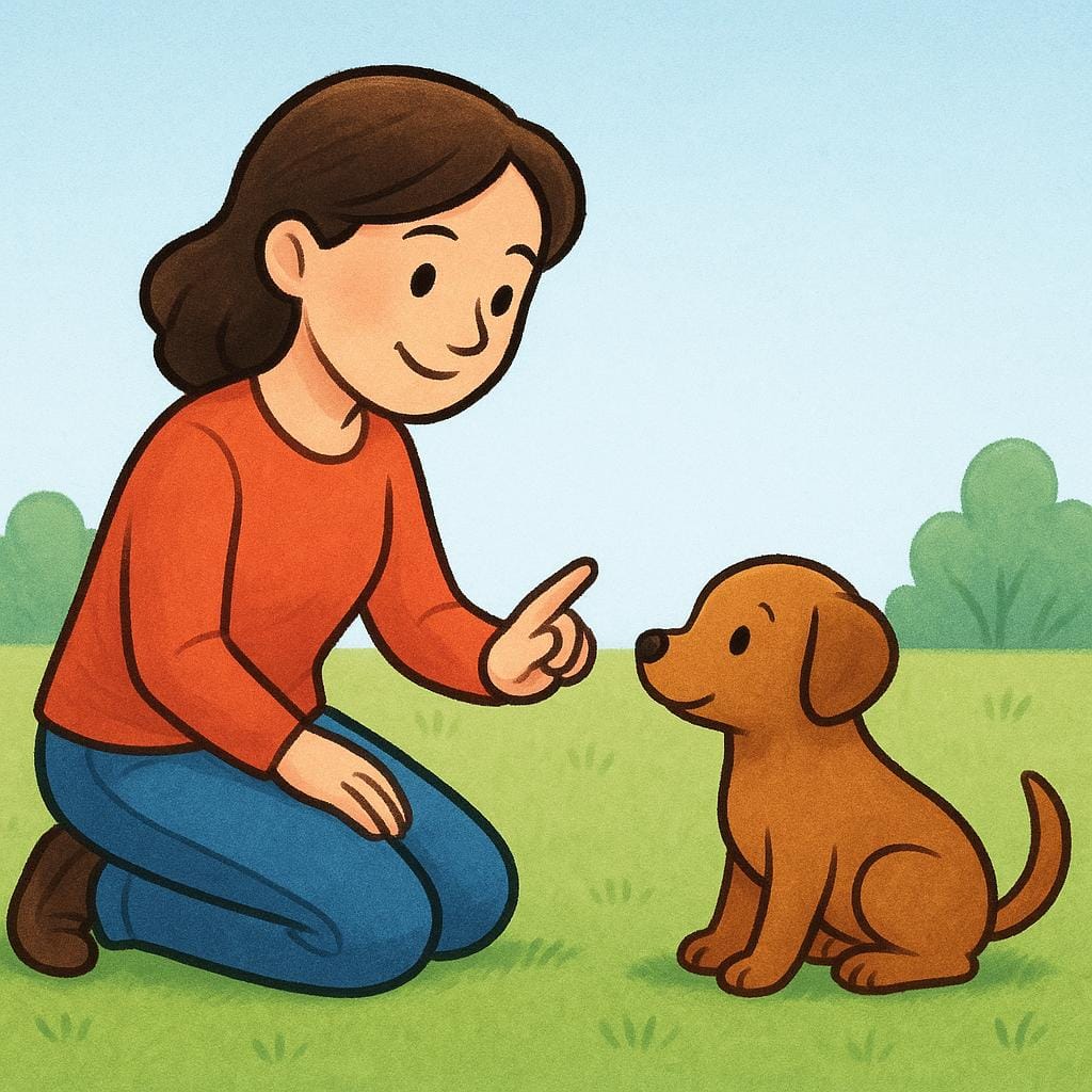 A person kneeling on the ground, using a gentle hand signal to teach a small brown dog to sit.
