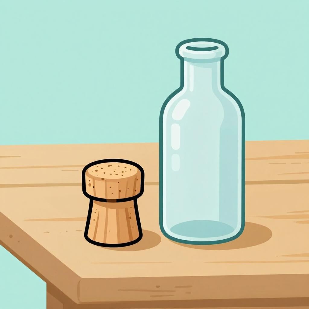 ガラス瓶の隣に置かれた木製のコルク栓。