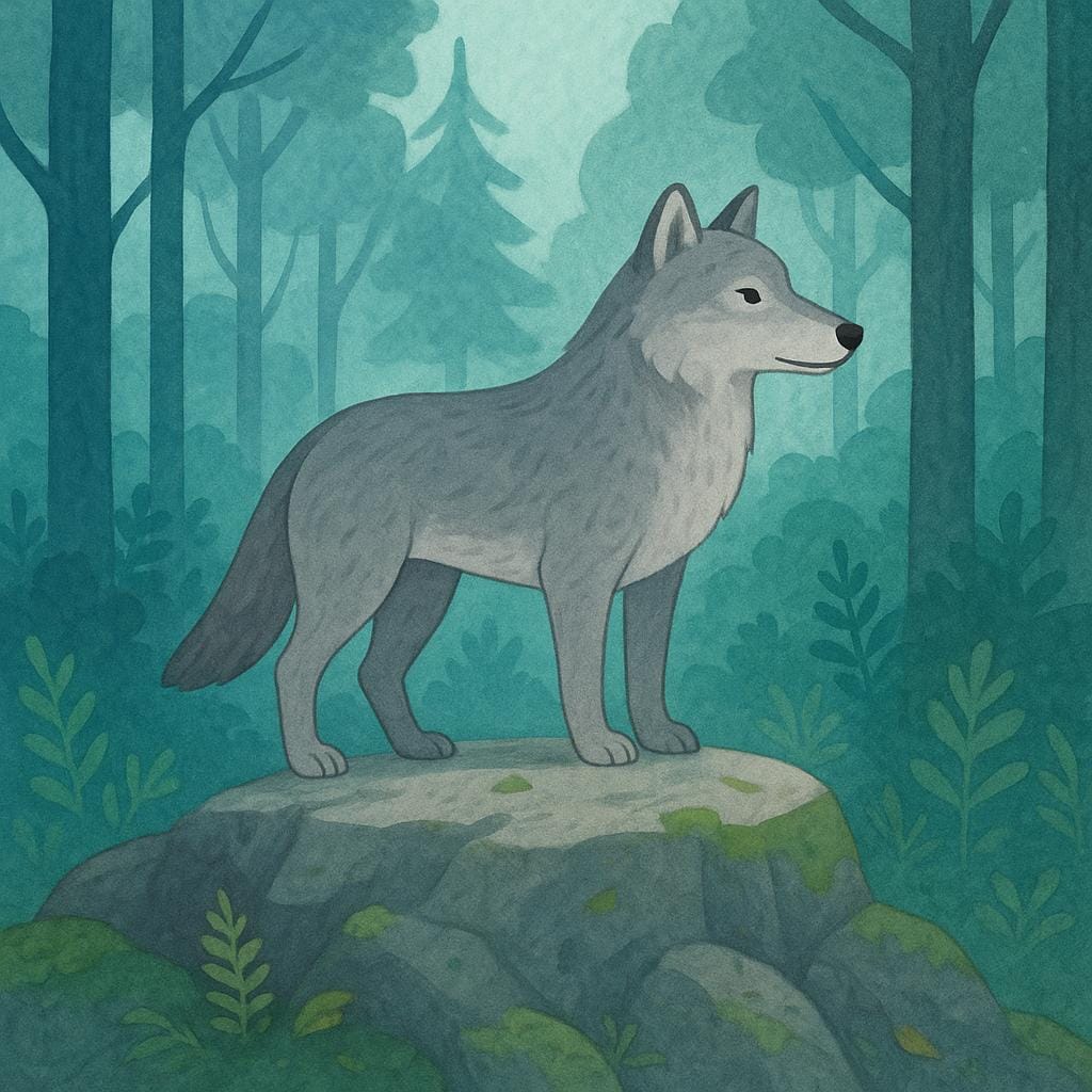 A solitary gray wolf stands on a rocky outcrop in a dense forest, looking alert and untamed.