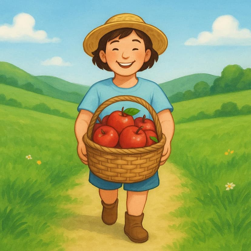 A smiling person walking along a green path, carrying a woven basket overflowing with red apples toward the viewer.