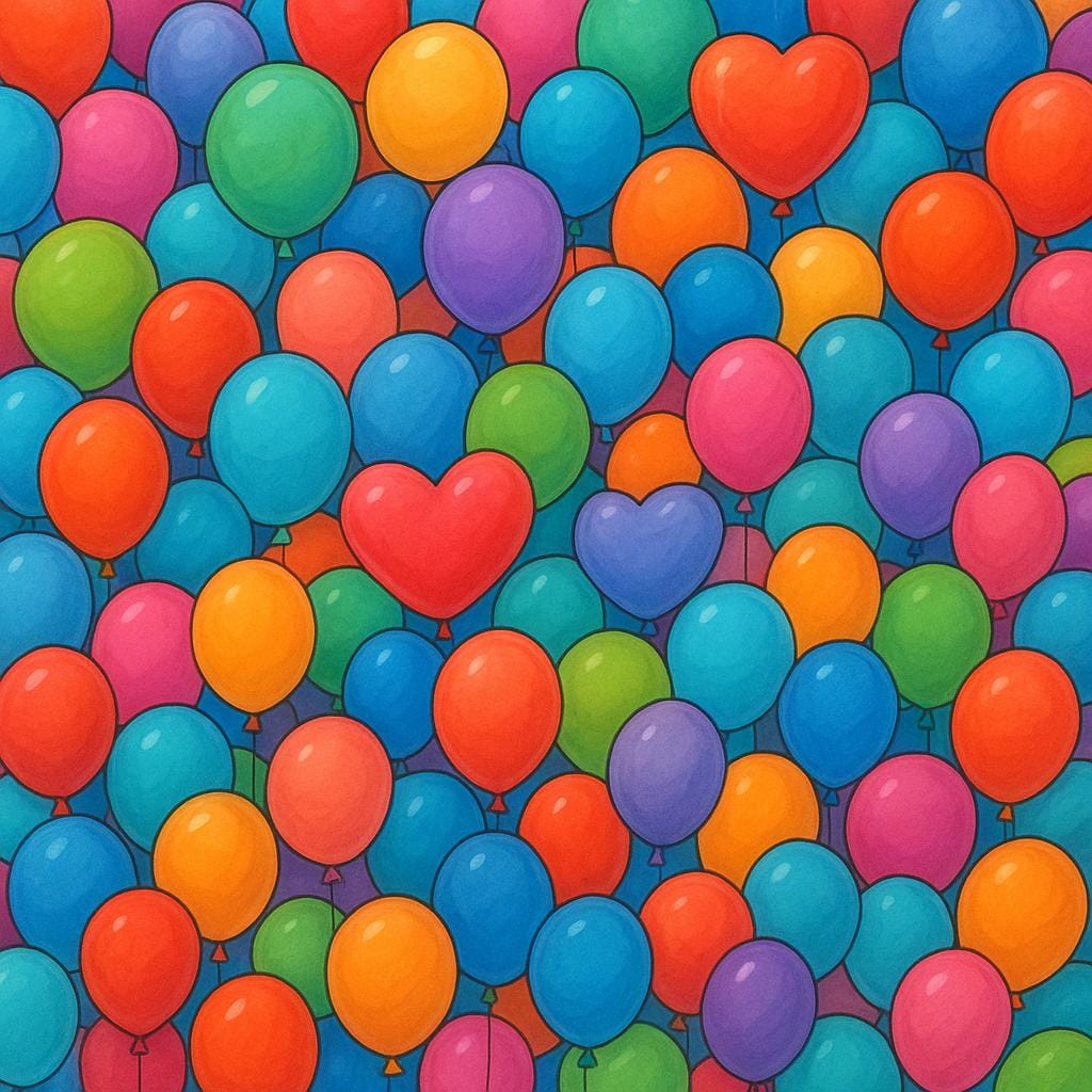 Eine hochwertige Bilderbuchillustration, die einen riesigen, überquellenden Haufen von Hunderten von leuchtend bunten Ballons zeigt, die den gesamten Bildraum füllen und die extreme Menge betonen.