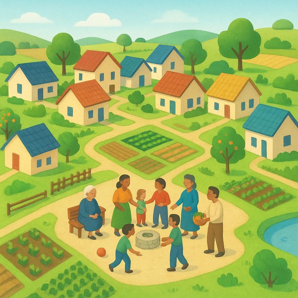 An illustration of an organized village with simple houses, neat agricultural fields, and people gathering, symbolizing social development and organization.