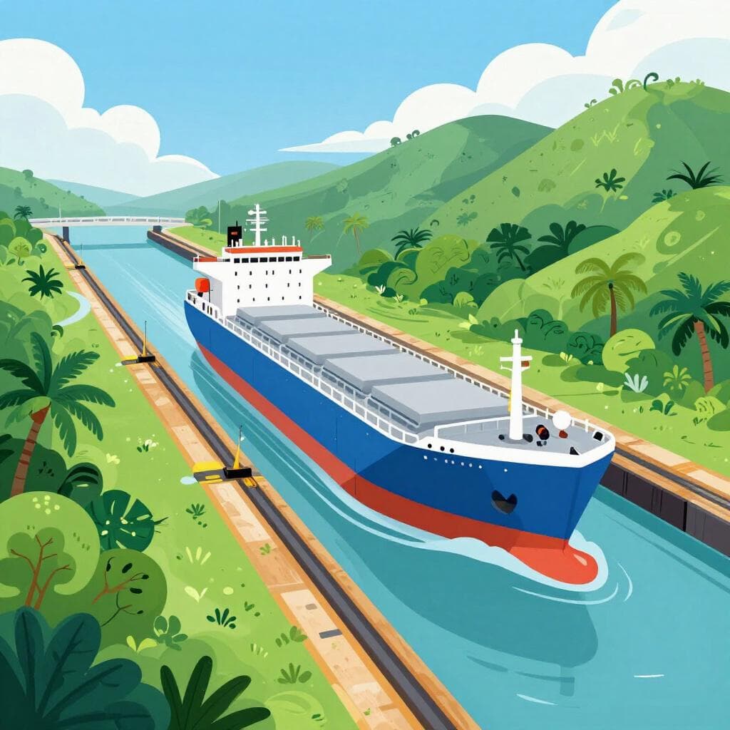 Un'illustrazione colorata del Canale di Panama con una grande nave che passa attraverso una vegetazione tropicale.