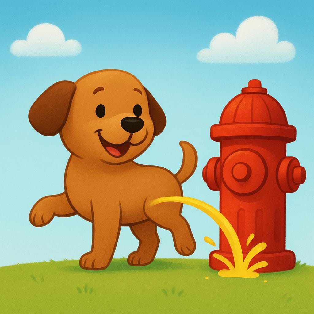 Een kleine, blije bruine hond wordt getoond terwijl hij zijn achterpoot optilt om een zichtbare gele straal op een felrode brandkraan te urineren.