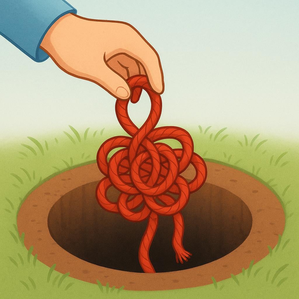 An illustration of a hand pushing a tightly tangled, knotted red rope into a hole dug in the dirt, symbolizing the burying of a problem.