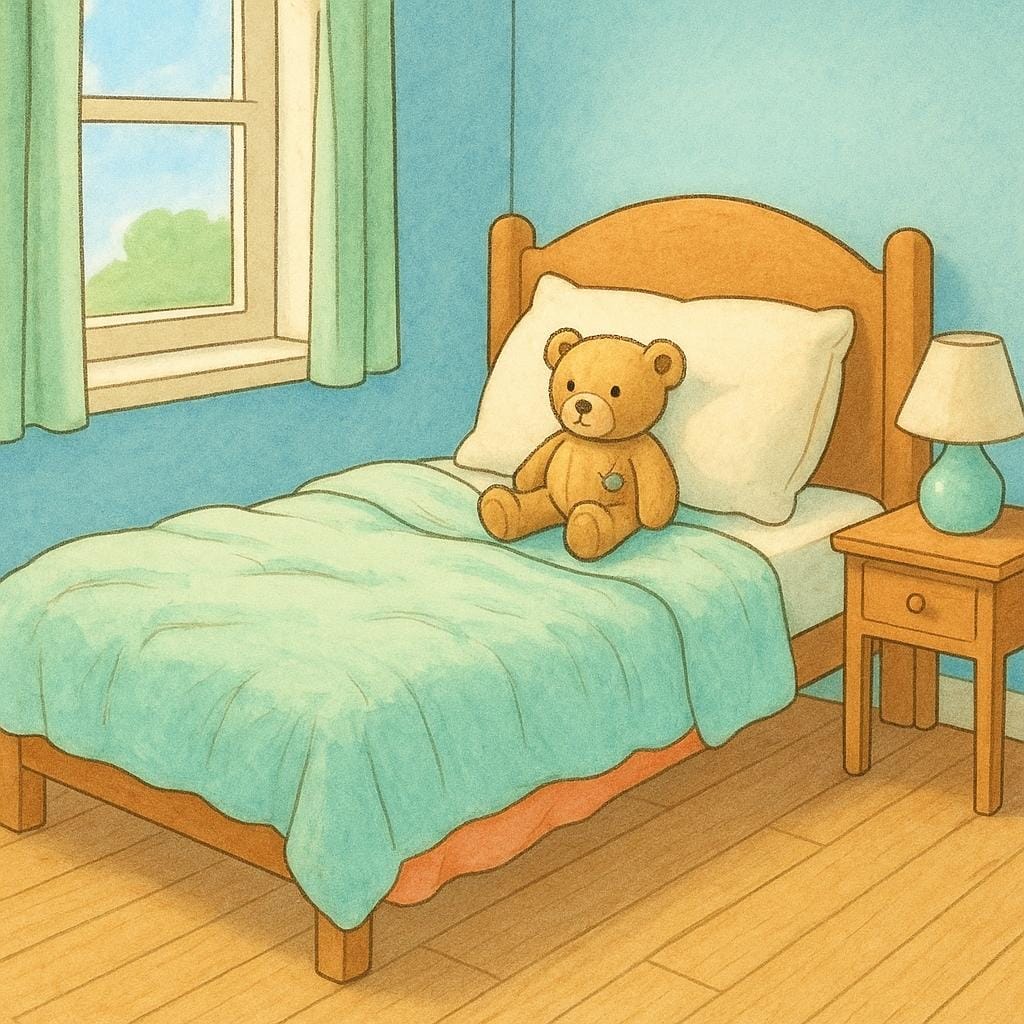 Uma ilustração de livro de histórias de uma cama de criança vazia com um urso de pelúcia sentado sozinho no travesseiro, simbolizando uma pessoa desaparecida.