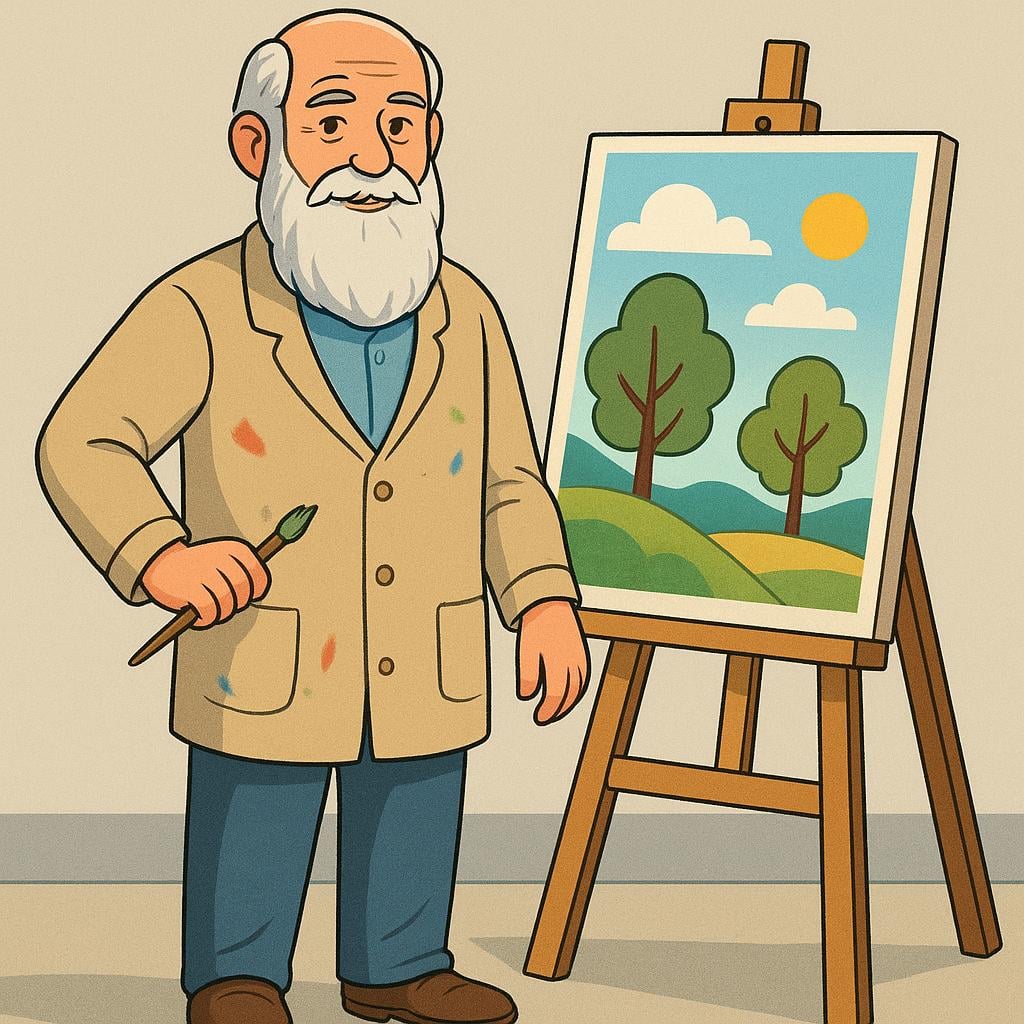 An older man with a gray beard, dressed in simple clothes, holding a paintbrush and looking thoughtfully at a large, finished painting on an easel.