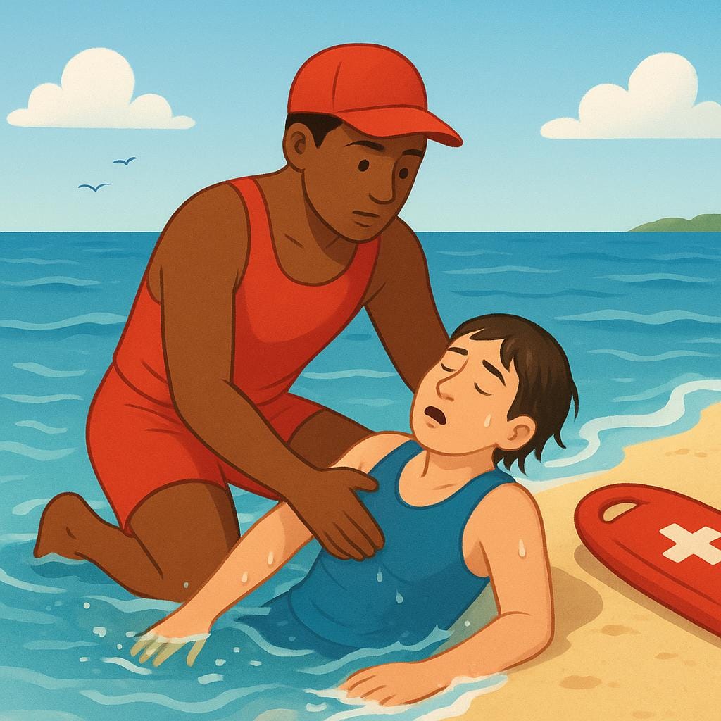A storybook illustration showing a lifeguard pulling a distressed swimmer safely out of the water onto a sandy beach.