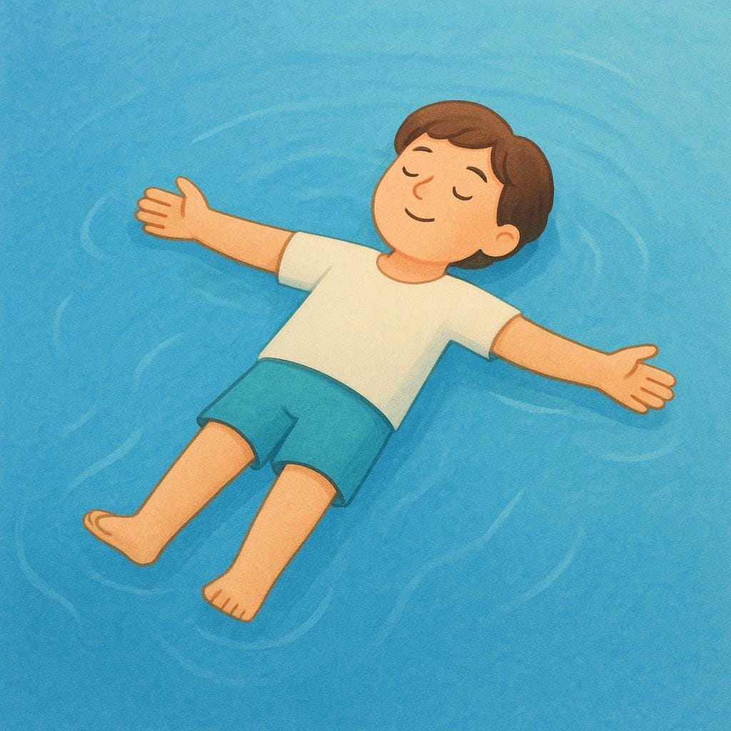 고요하고 맑은 푸른 물 위에 등을 대고 평화롭게 떠 있는 사람의 단순한 그림책 삽화. 팔을 넓게 벌리고 완전히 편안한 모습으로, '스스로를 맡기는 것'을 상징합니다.