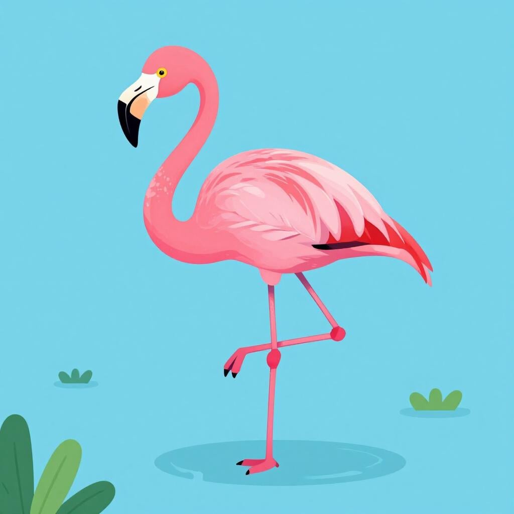 Un alto uccello rosa in piedi su una zampa in acqua bassa e blu.