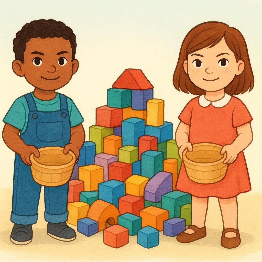 Two determined children, a boy and a girl, standing next to a large pile of colorful building blocks, each holding an empty wooden basket, ready to put the blocks away.