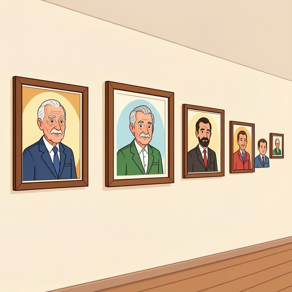 A row of framed portraits on a wall showing a great-grandfather, a grandfather, and a father in a consistent style.