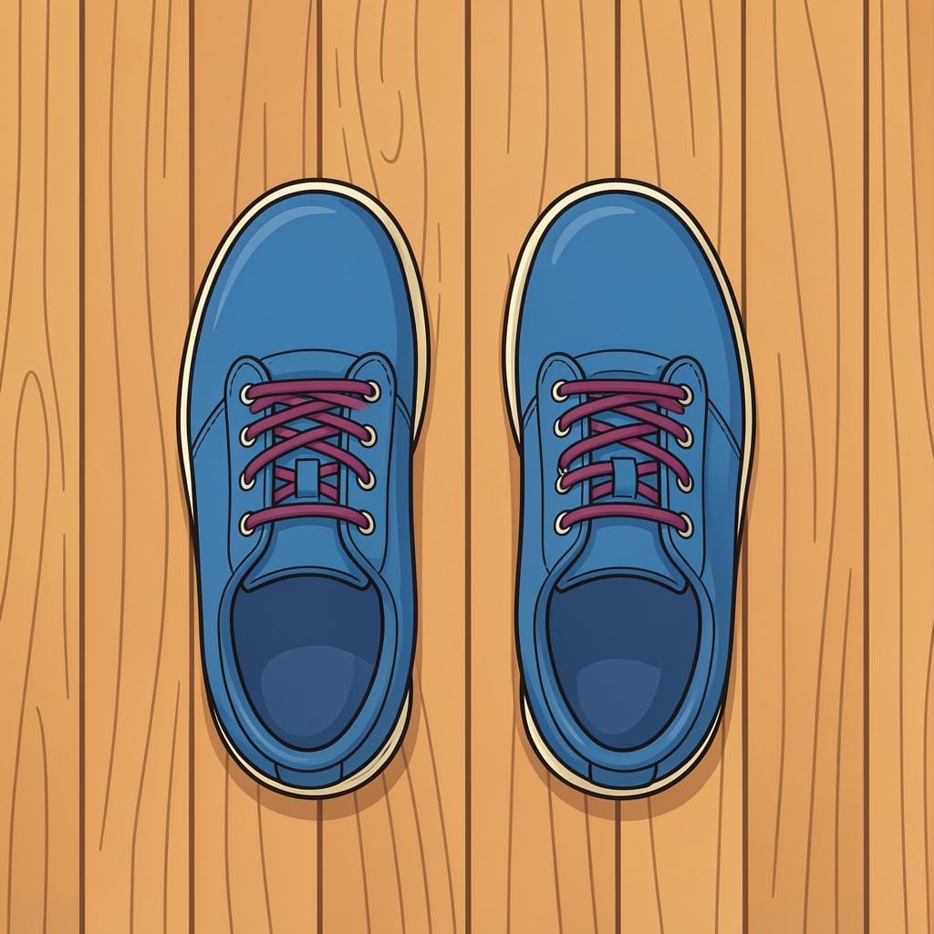 Ein Kind platziert seine Schuhe perfekt gerade und ausgerichtet an einer Linie auf dem Boden.