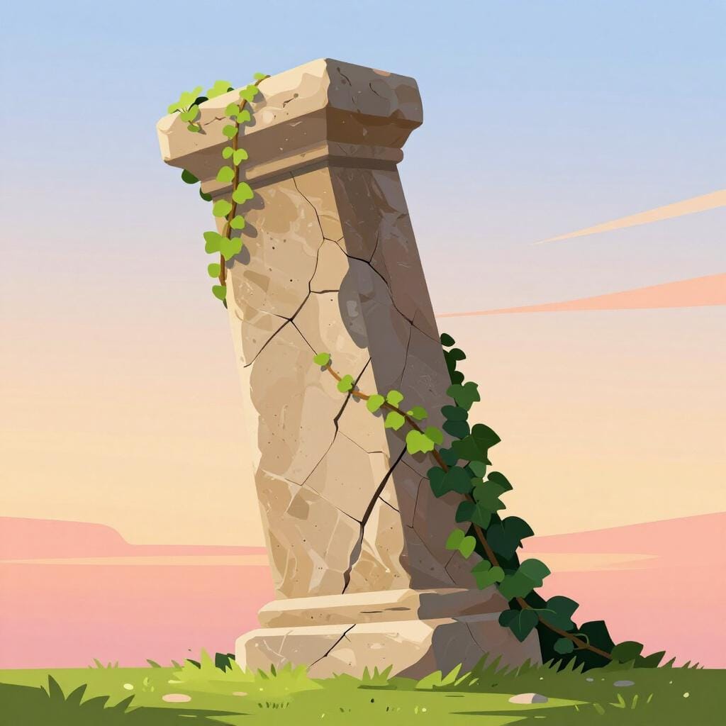 A once-grand stone pillar, now cracked and leaning, overgrown with ivy in a quiet field.