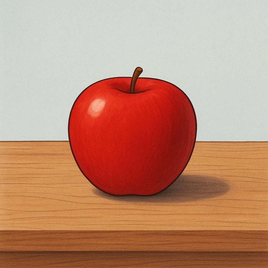 A single, perfect, bright red apple resting on a clean wooden table, signaling it is ready and available.