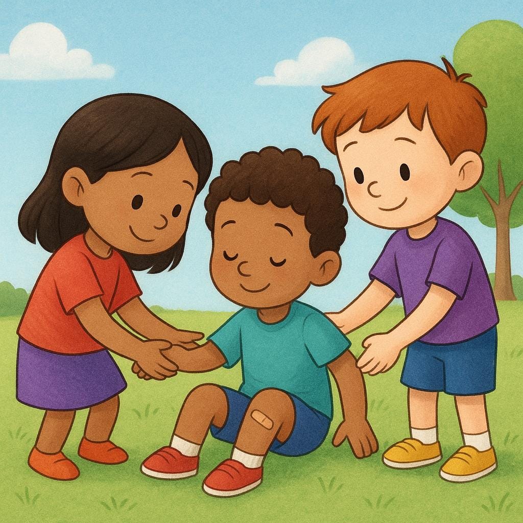 Deux enfants aident doucement un troisième enfant à se relever après une chute, illustrant un traitement bienveillant.