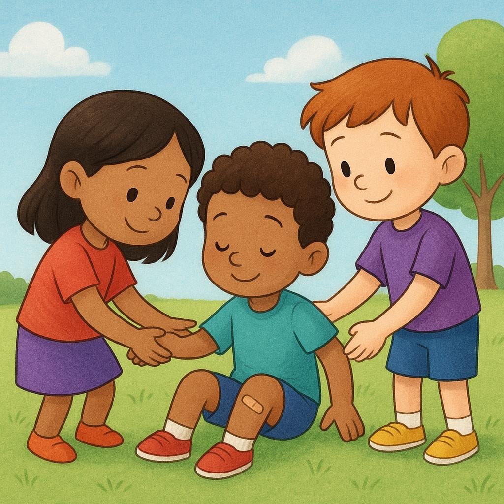 Two children gently help a third child stand up after a fall, illustrating kind treatment.