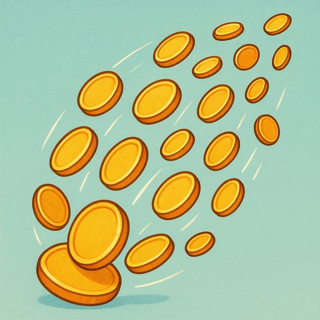 A cluster of gold coins rapidly flying away from the bottom of the frame towards the top right corner, symbolizing capital flight.