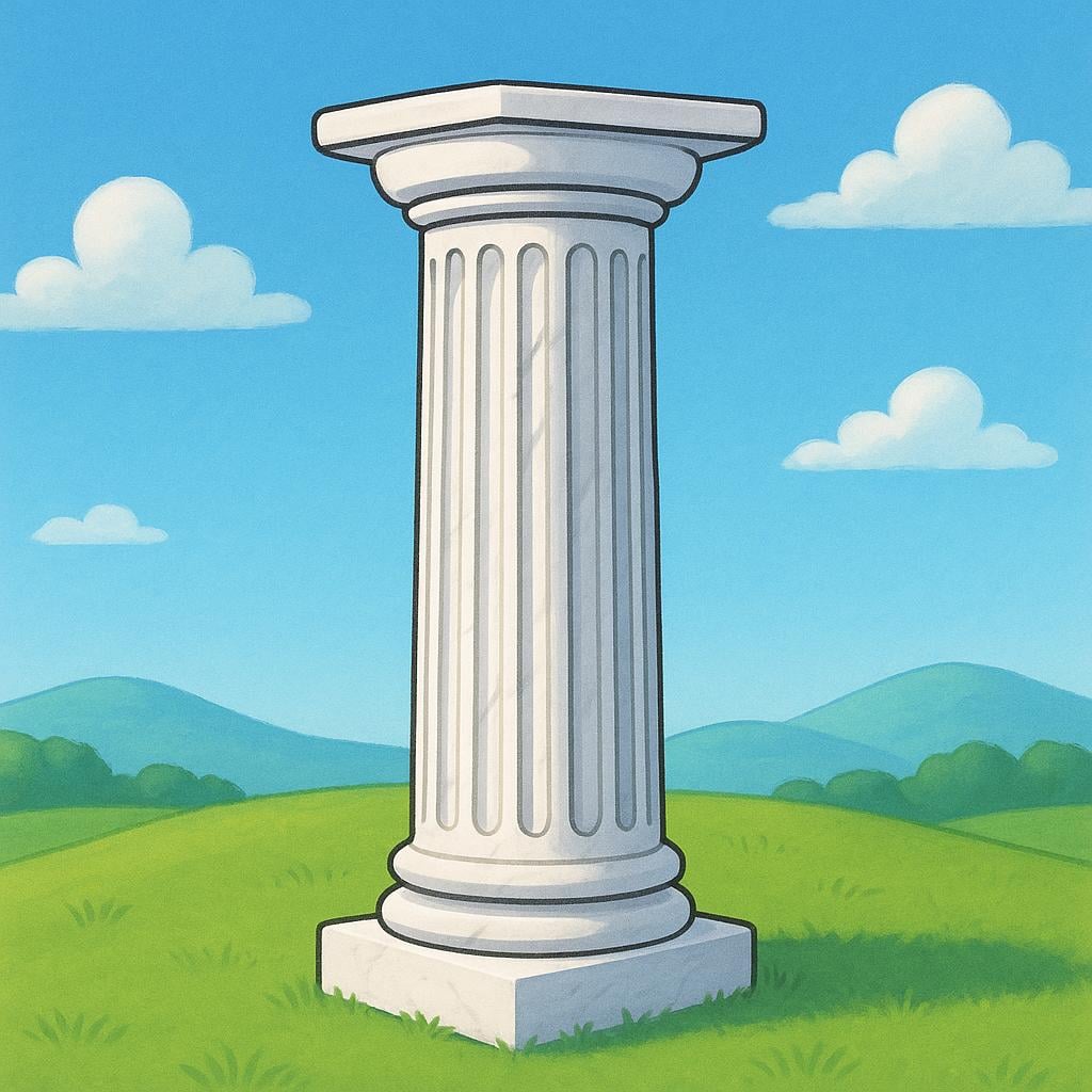 A single, perfectly preserved white marble Greek column standing alone on a grassy hill under a bright sky, symbolizing timelessness.