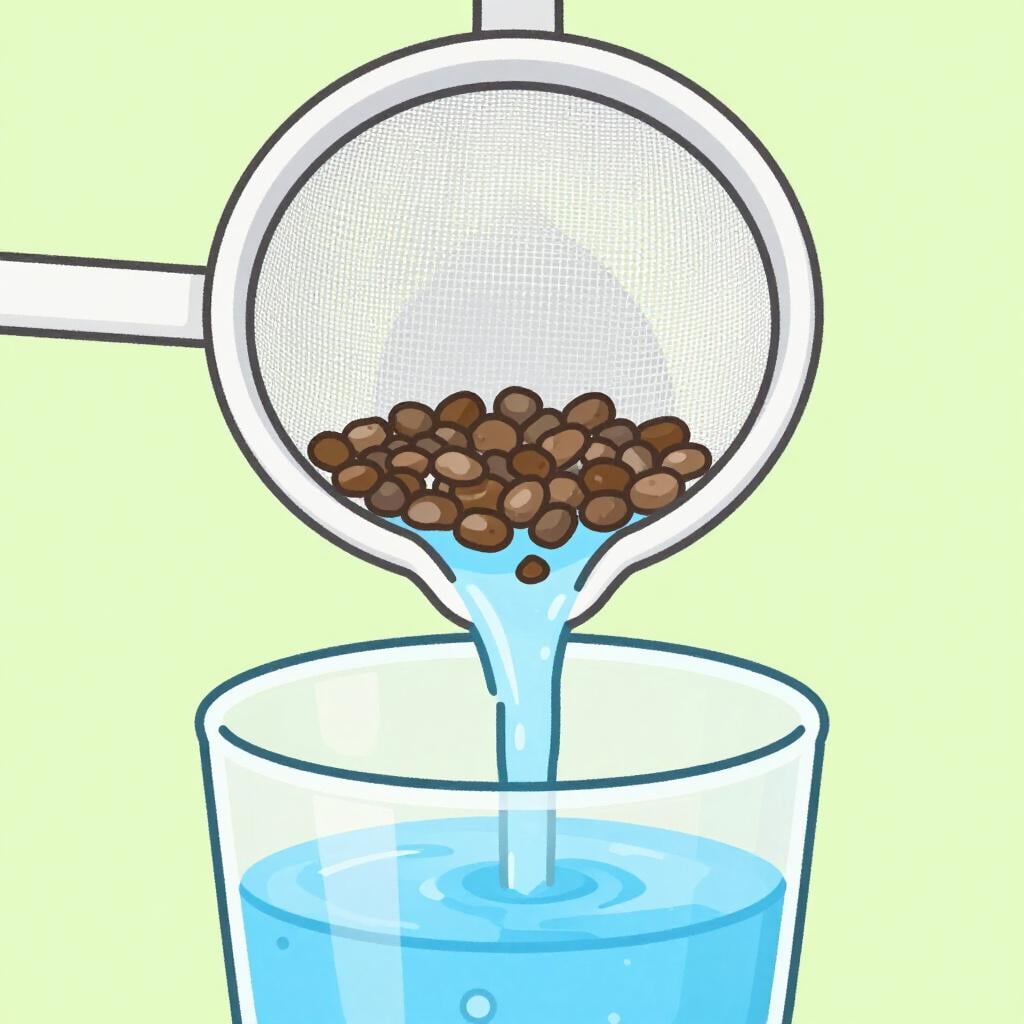 Un imbuto colorato con una rete a maglie fini che separa l'acqua limpida da piccole particelle scure.