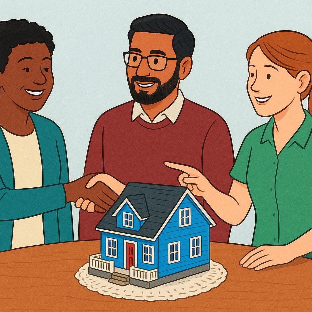 Three diverse adults standing around a small, detailed model of a blue house placed on a table. Two of the adults are shaking hands while the third points toward the model.