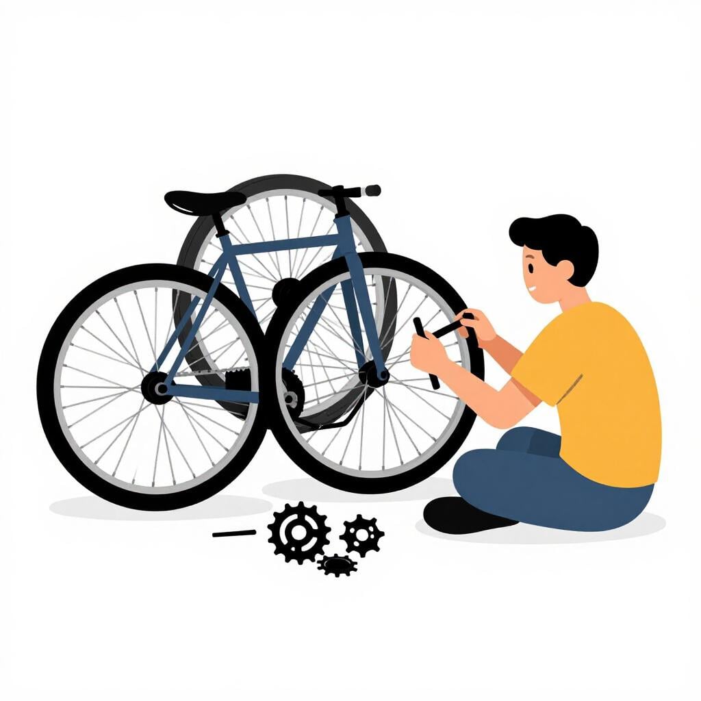 Una persona seduta sul pavimento accanto a un mucchio di pezzi di bicicletta e una chiave inglese, avendo appena finito di smontare la bicicletta.