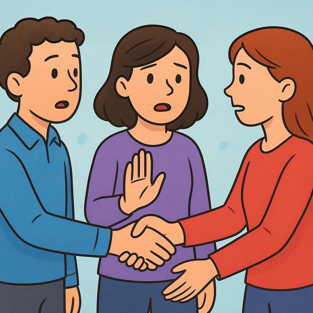 A colorful illustration showing two people shaking hands, while a third person aggressively pushes their arm between the clasped hands, disrupting the interaction.