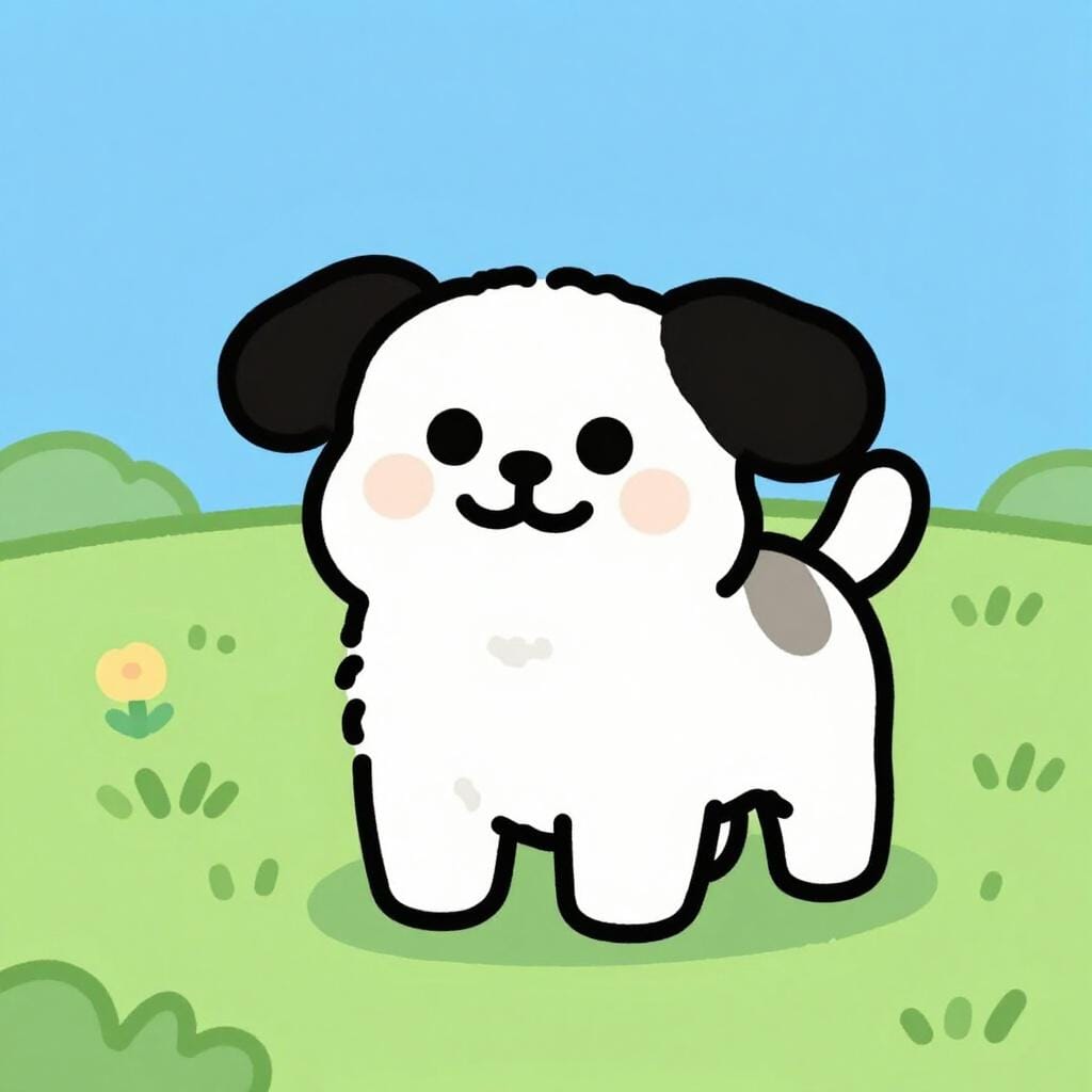 A friendly, brightly colored animated dog standing on its hind legs in a grassy field.