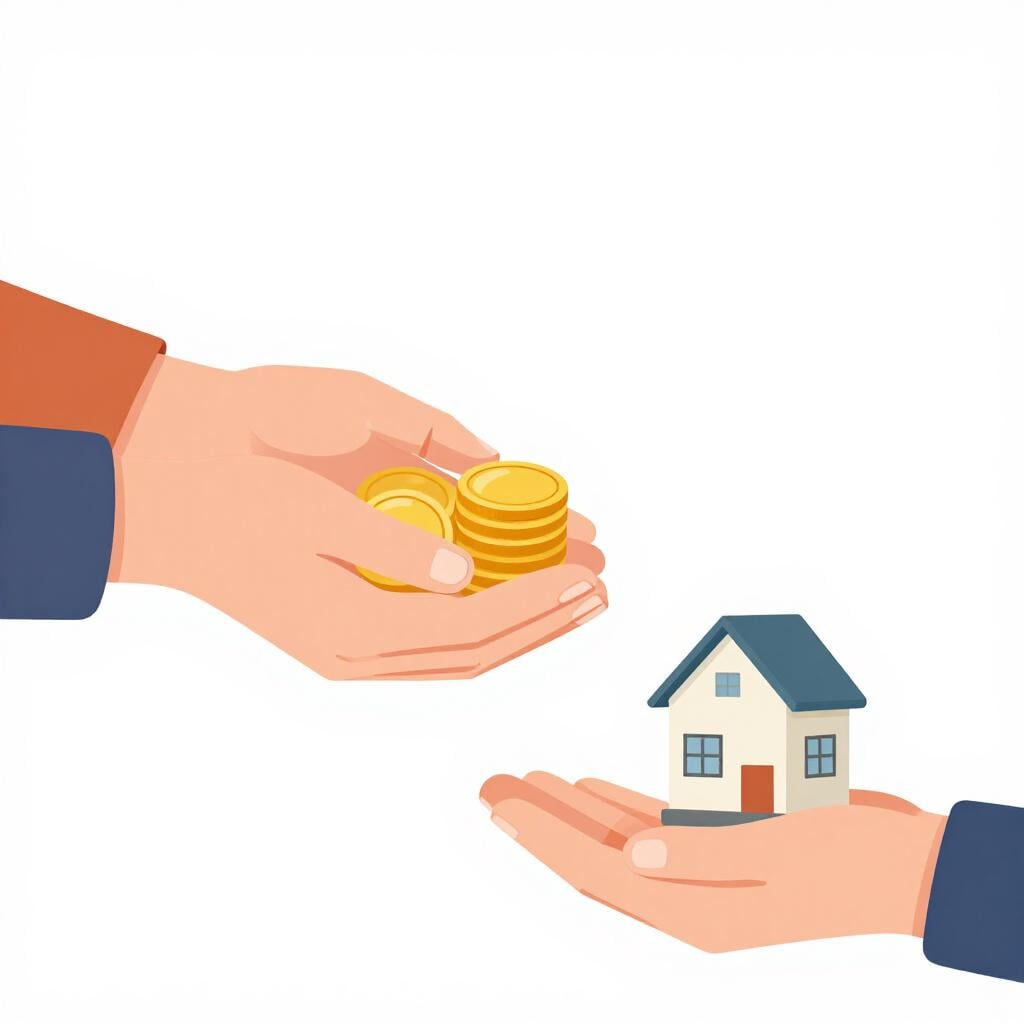 Eine Person übergibt einem anderen eine kleine Menge goldener Münzen, der ein Miniaturmodell eines Hauses hält.