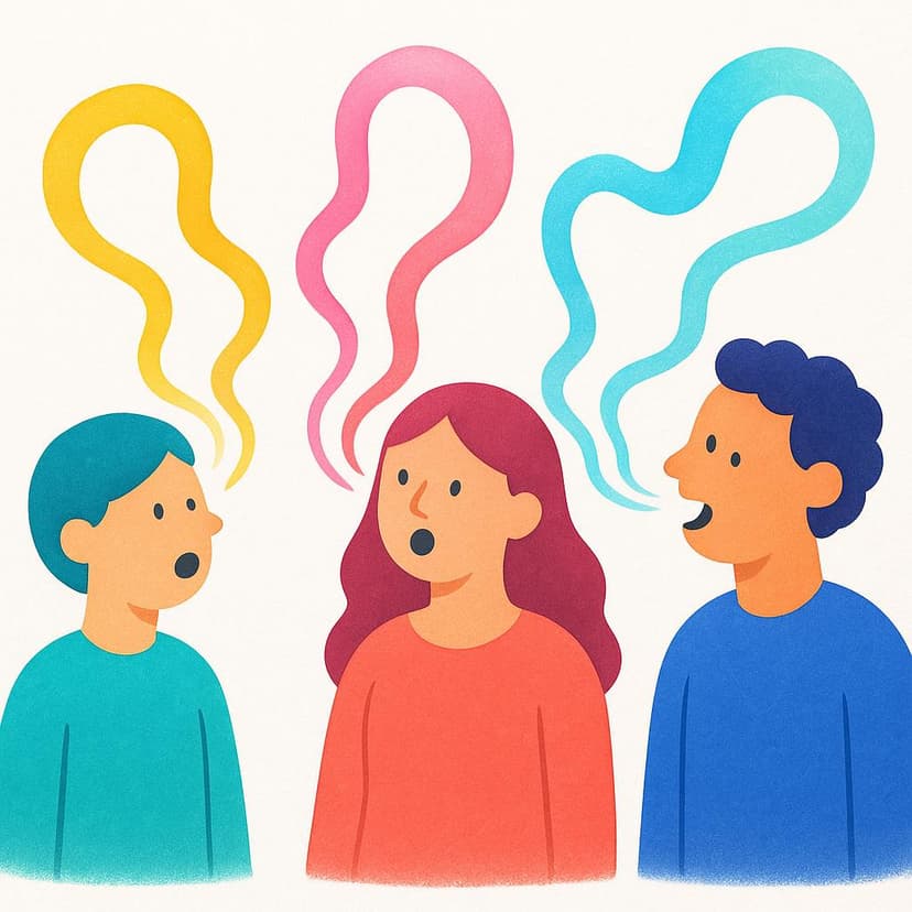 Three simplified storybook characters standing side-by-side, each emitting colorful, wavy lines from their mouths, visually representing the action of speaking or saying something.