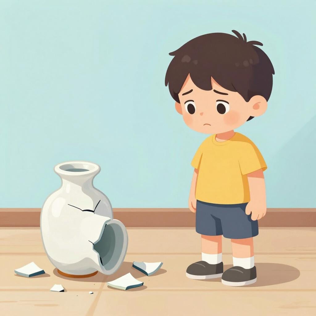 A sad child standing next to a broken vase on the floor.
