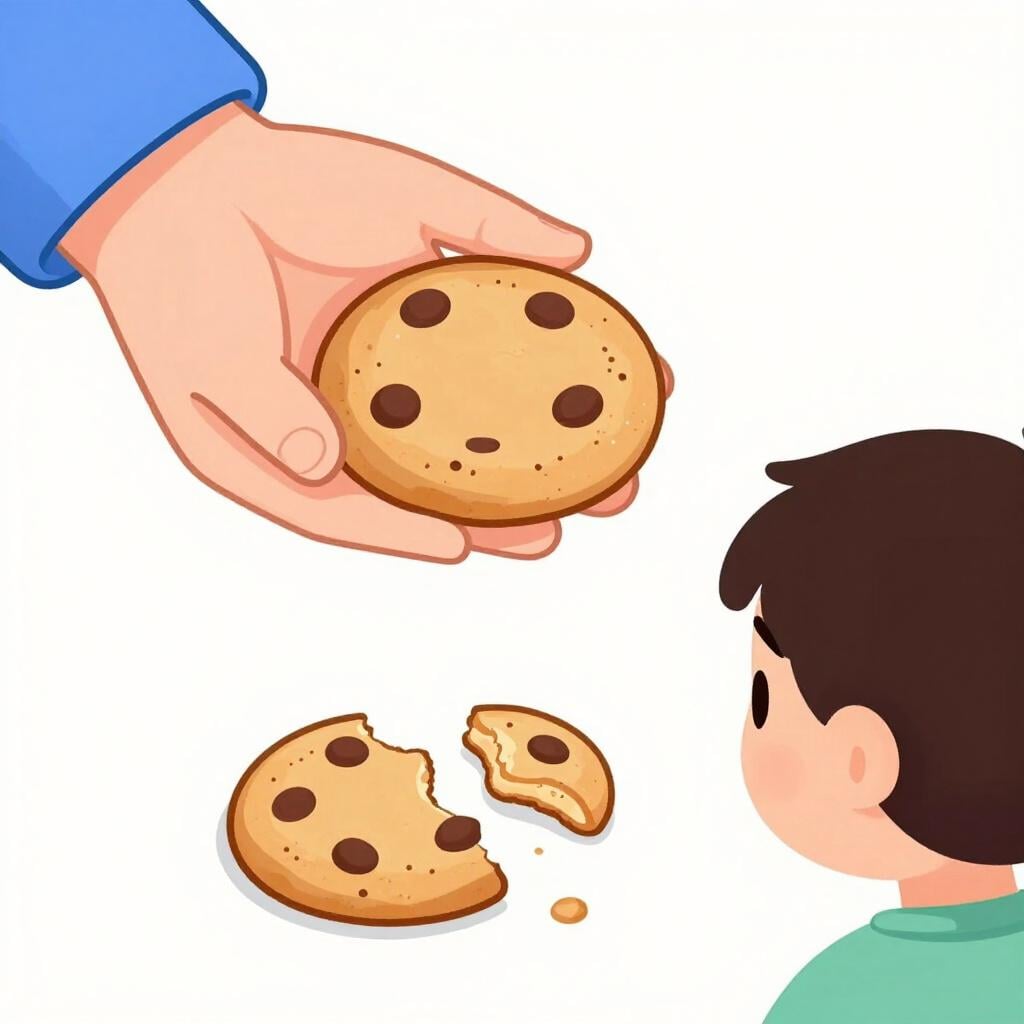 A person handing a new, whole cookie to a friend who is holding a broken one.